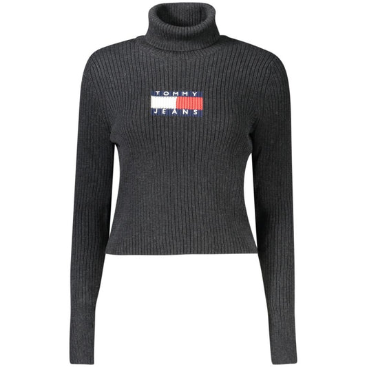 Tommy Hilfiger black turtleneck sweater for women with logo embroidery, stylish and warm polyester design.