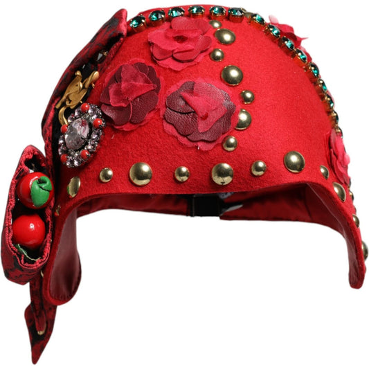 Dolce & Gabbana Dolce & Gabbana Red Crystal Gold Roses Brooch Embellished Hat HAT9652 1728,67345645728,Accessories,Dolce & Gabbana,Hat - Women - Accessories,Material: 60% Wool 13% Cotton 9% Viscose 8% Acetate 4% Polyester 4% Nylon 2% Silk,Preowned / Defec