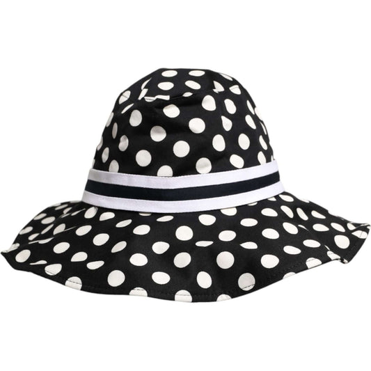 Dolce & Gabbana black and white polka dot wide brim bucket hat, made of cotton and silk, featuring brand logo, elegant fashion accessory.
