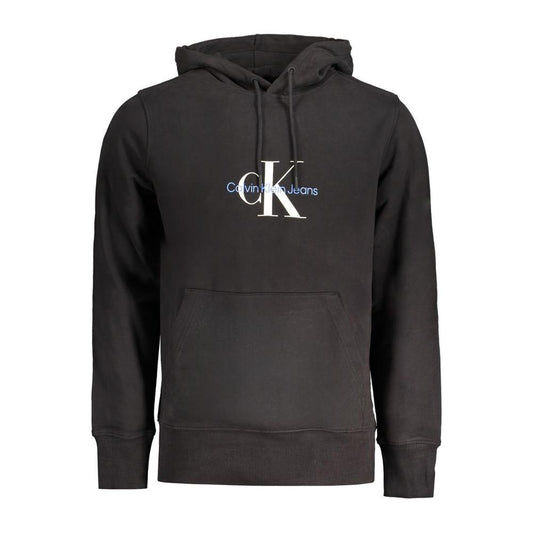 Calvin Klein black hooded sweatshirt with logo and central pocket, made from 95% regenerative brushed cotton.