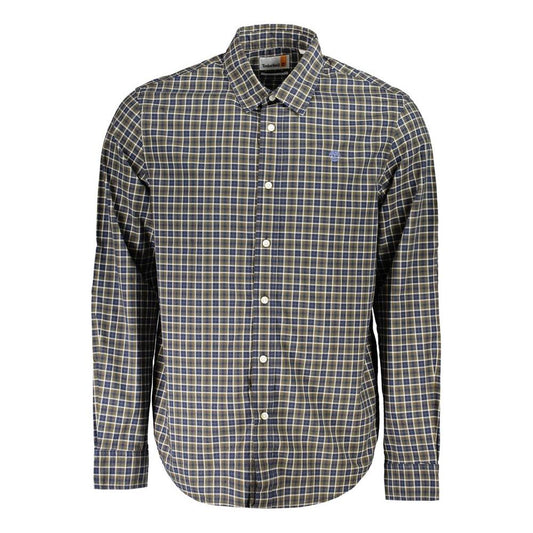 Men's Timberland blue tartan cotton shirt with long sleeves, regular fit, Italian collar, and logo embroidery.