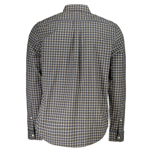 Back view of Timberland blue tartan cotton shirt with long sleeves, Italian collar, regular fit, and button cuffs