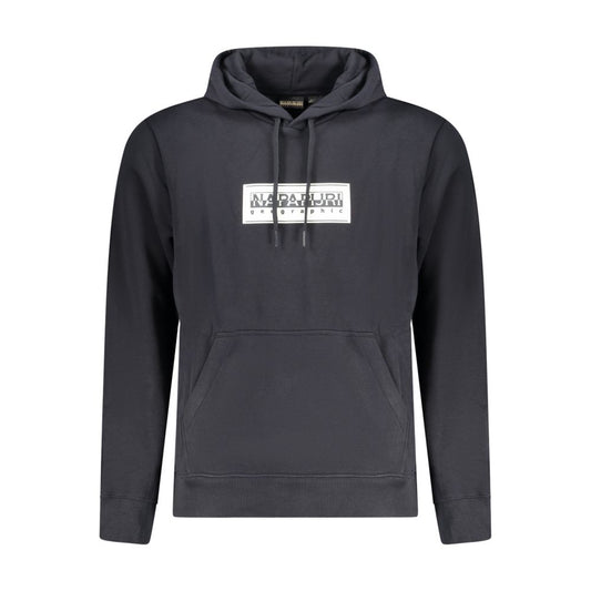 Napapijri Black Cotton Sweater with Long Sleeves, Relaxed Fit, Hoodie Style, Central Pocket, and Logo Print.
