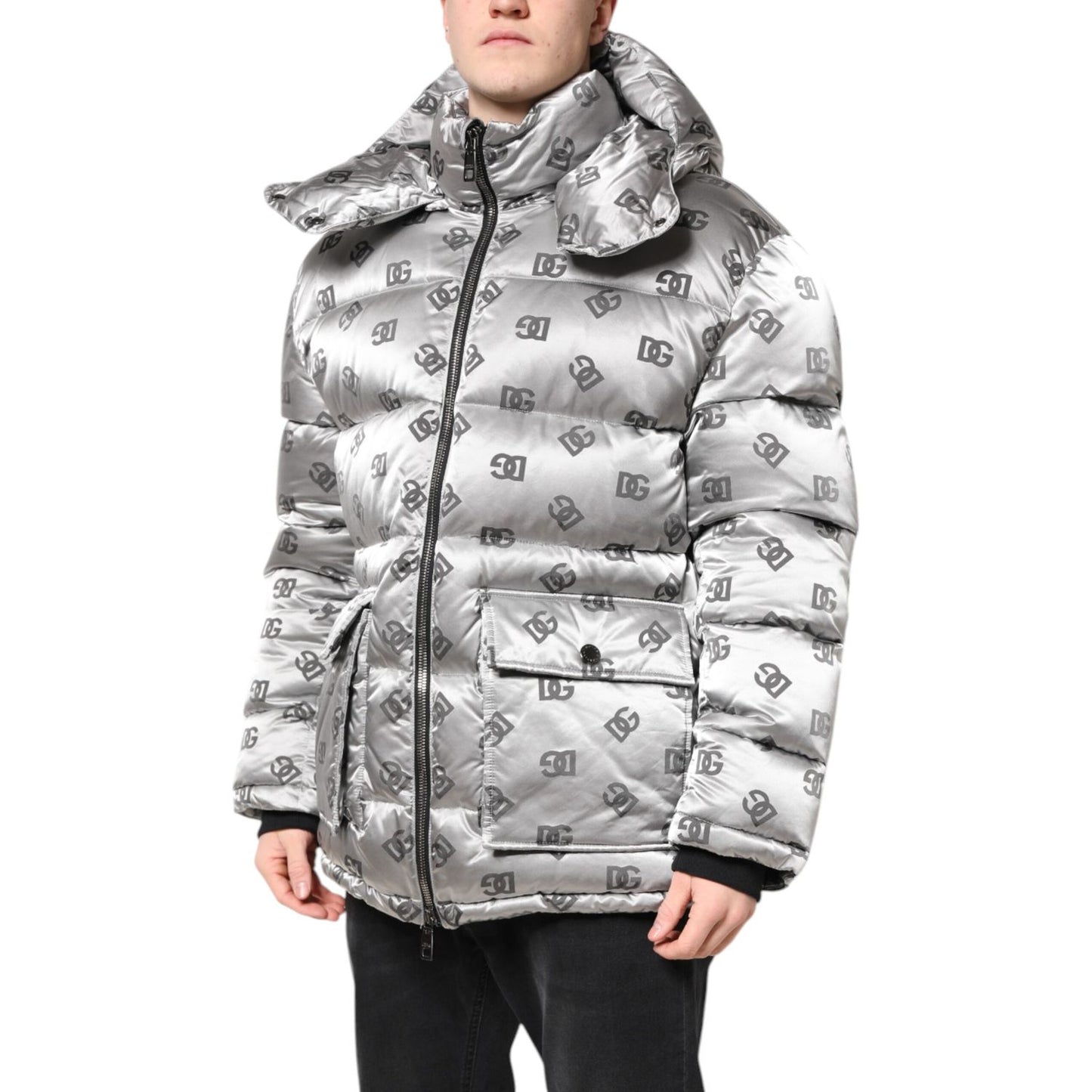 Dolce & Gabbana Silver Logo Full Zip Hooded Quilted Jacket JKT41405-56