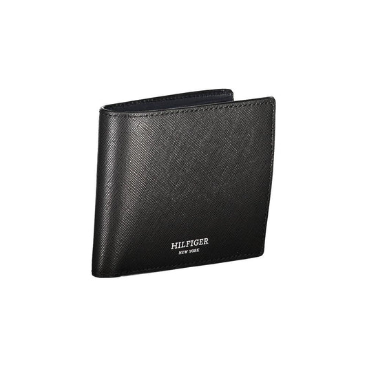 Tommy Hilfiger black leather wallet with double card spaces, contrast details, and logo, stylish accessory for men.