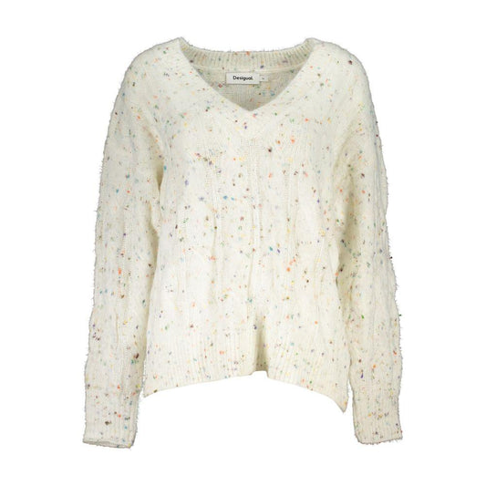 Desigual Chic Contrast V-Neck Sweater with Logo Detail Desigual Light Gray