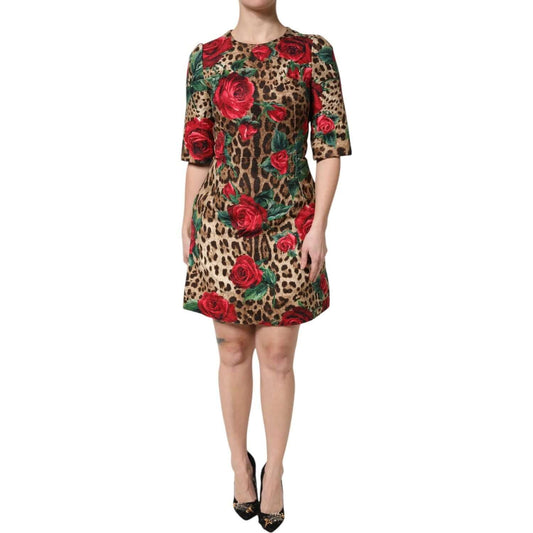 Dolce & Gabbana Brown Rose Leopard Short Sleeves Mini Dress