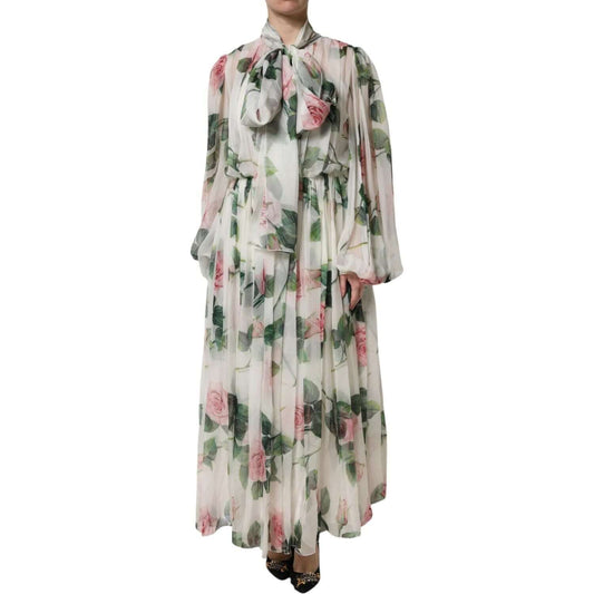 Dolce & Gabbana White Floral Roses Maxi Long Gown Dress