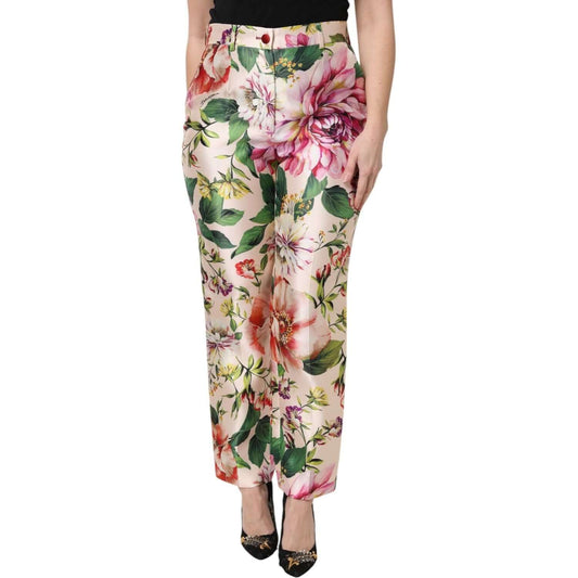 Dolce & Gabbana multicolor floral high-waist straight pants, silk blend, featuring vibrant flowers, elegant design.