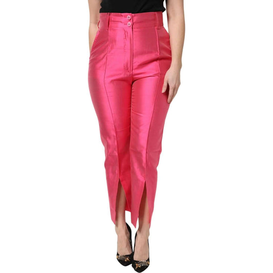Dolce & Gabbana pink silk high waist tapered pants with slit, elegant design, logo detail, zipper closure, made in Italy