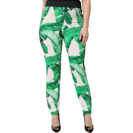 Dolce & Gabbana White Green Leaf High Waist Pants