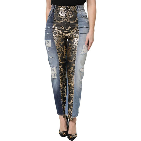 Dolce & Gabbana multicolor high waist jeans with floral jacquard patchwork, denim design, brand logo details, made in Italy elegance.