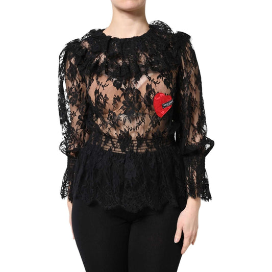 Dolce & Gabbana black floral lace blouse with long sleeves, 100% authentic Italian craftsmanship.