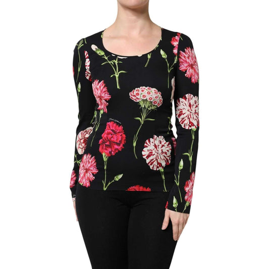 Dolce & Gabbana black floral long sleeve blouse for women, featuring vibrant flower patterns, made from 92% silk and 8% elastane.