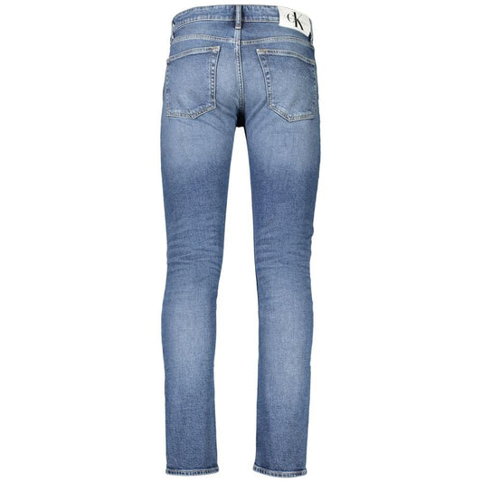 Back view of Calvin Klein slim taper blue jeans with 5 pockets, button and zip; made of 20% recycled cotton, features logo patch.