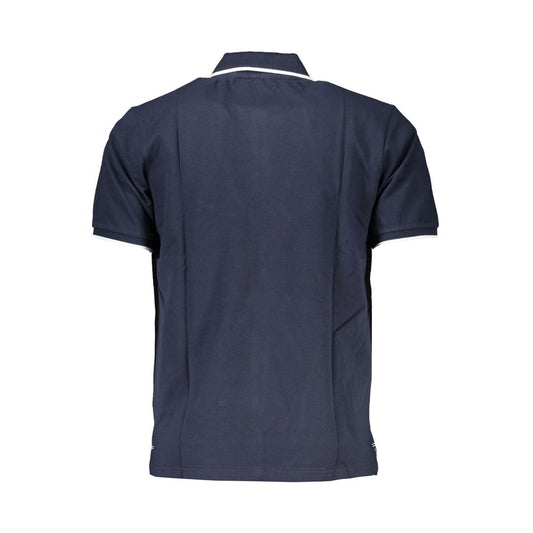 Back view of North Sails blue cotton polo shirt with short sleeves, two buttons, contrast details, and logo print.