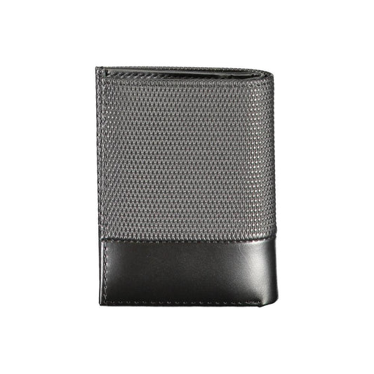 Calvin Klein black leather wallet with credit card slots, coin purse, RFID blocking, and contrast design, featuring logo.