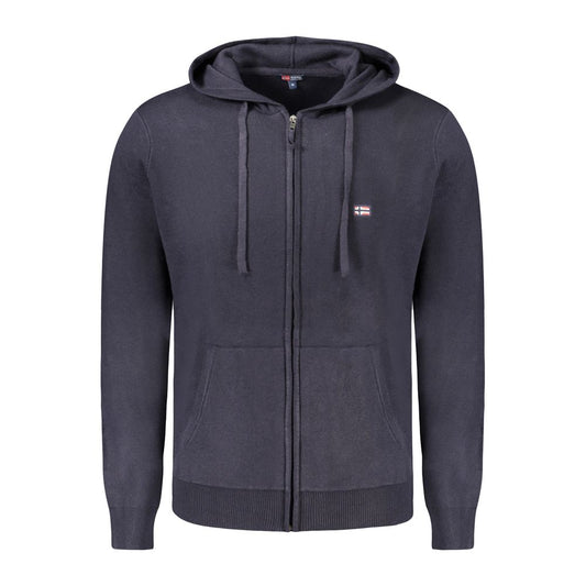 Norway 1963 blue polyamide men's cardigan with hood and zipper, featuring subtle embroidery, providing warmth and sophistication.