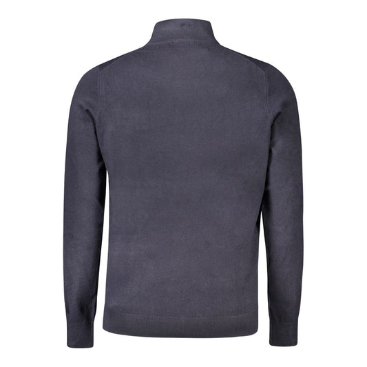 Back view of Norway 1963 blue men’s sweater with high neck and embroidery, crafted from soft polyamide for durability and style.