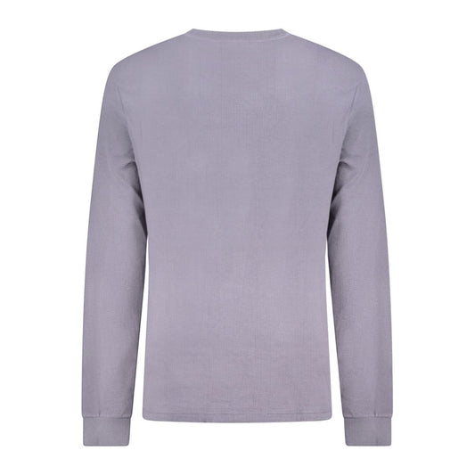 Back view of a Calvin Klein blue cotton men's sweater with long sleeves and ribbed cuffs, showcasing minimalist and sophisticated style.