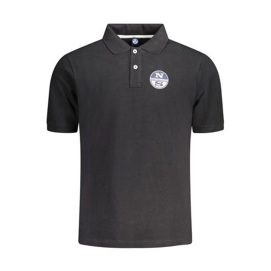North Sails black cotton men's polo shirt with two-button placket and logo print, offering nautical elegance and comfort.