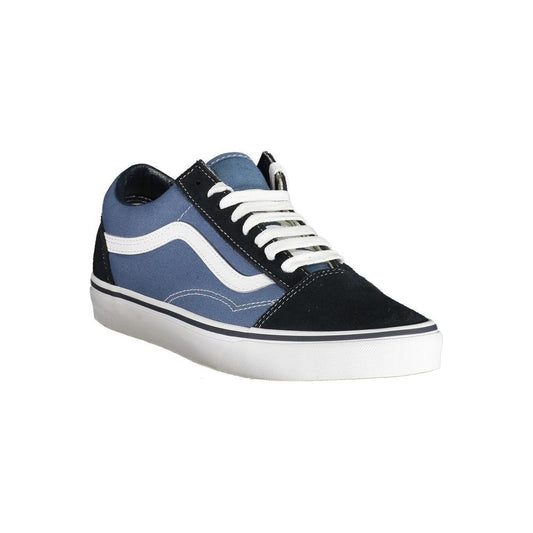 Vans Old Skool blue leather men’s sneaker with black and white contrasting details, showcasing iconic logo, side view.