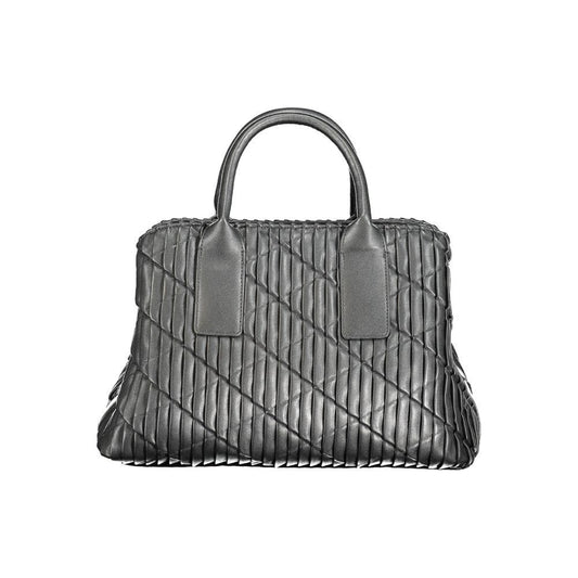 Valentino black polyethylene handbag with dual handles, removable chain, adjustable straps, multiple compartments, and logo detail.