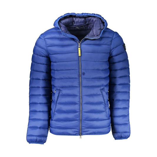 Armata Di Mare blue polyamide men's jacket with hood, featuring subtle logo, five pockets, ideal for urban style and functionality.