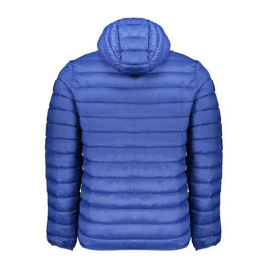 Armata Di Mare blue polyamide men's jacket with hood, showcasing back view and long sleeves, designed for urban style and functionality.