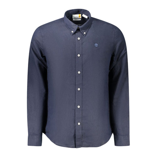 Timberland blue cotton long-sleeved shirt with slim fit, button-down collar, single button cuffs, and embroidered logo.
