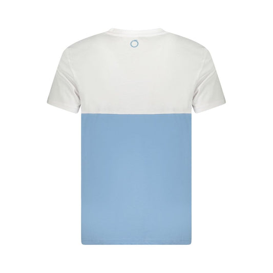 Trussardi light blue and white two-tone men's cotton T-shirt with bold logo and short sleeves, showcasing modern streetwear style.
