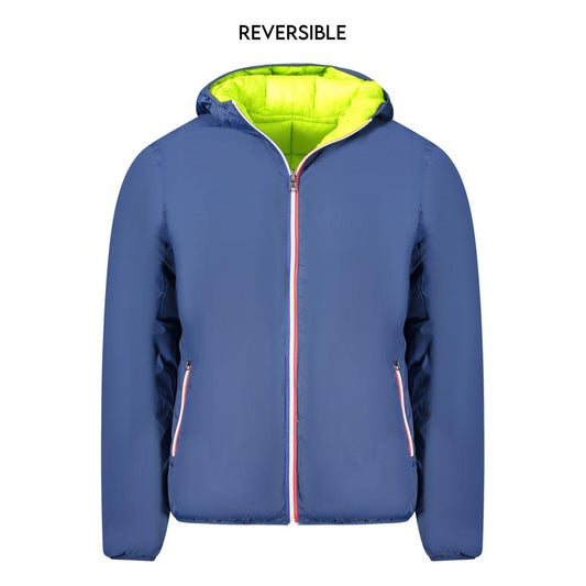 Norway 1963 reversible blue and fluorescent green polyamide men's jacket with hood, showcasing versatile style.