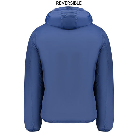 Norway 1963 blue polyamide men's reversible jacket with hood, showcasing the back view.