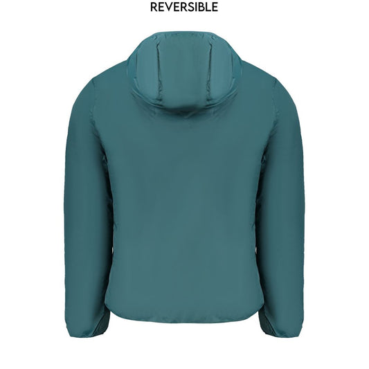 Norway 1963 reversible green polyamide men's jacket with hood shown from the back, featuring a sleek urban design.