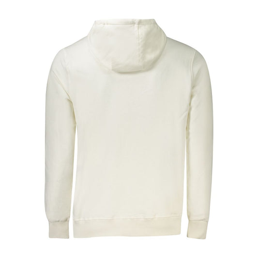 Back view of North Sails white cotton men's hoodie with hood up, showcasing soft fabric and casual sophistication. Perfect for nautical style.