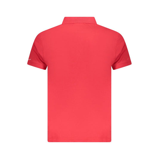 Back view of Trussardi red cotton men’s polo shirt with short sleeves and classic collar.