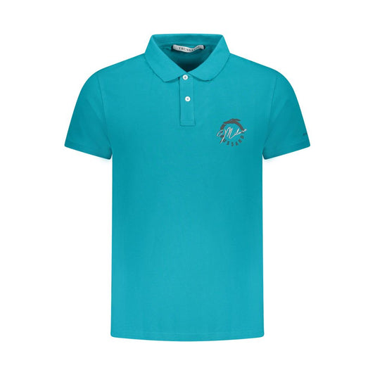 Trussardi light blue cotton men's polo shirt with short sleeves and two-button placket, featuring bold logo print for stylish comfort.