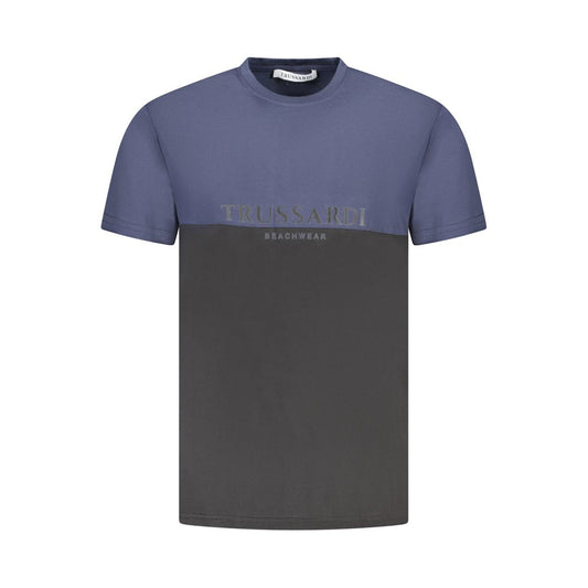 Trussardi blue cotton men's T-shirt, short sleeve, two-tone crew neck with bold contrasting details and logo print, stylish fashion top