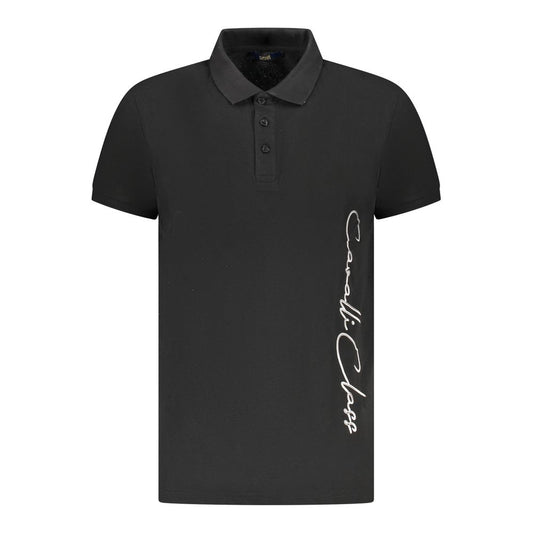 Cavalli Class Black Cotton Men Polo Shirt with logo, short sleeves, and three-button placket, luxury casual fashion.