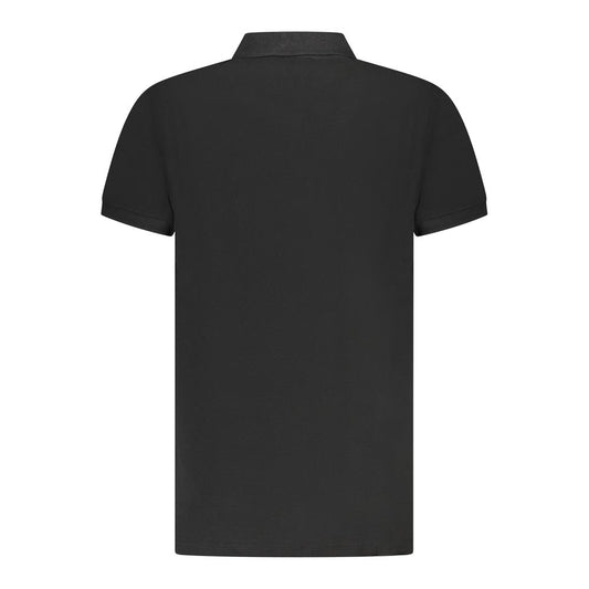 Back view of Cavalli Class black cotton men's polo shirt with short sleeves and classic collar, featuring an iconic logo design.