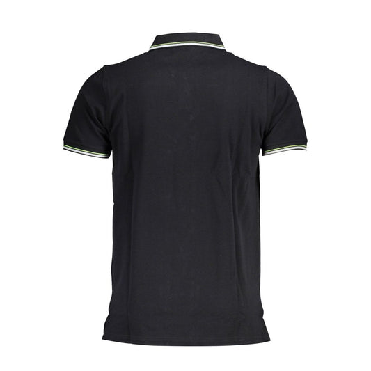 Back view of Norway 1963 black cotton men's polo shirt with short sleeves, contrasting details, and signature logo applique.