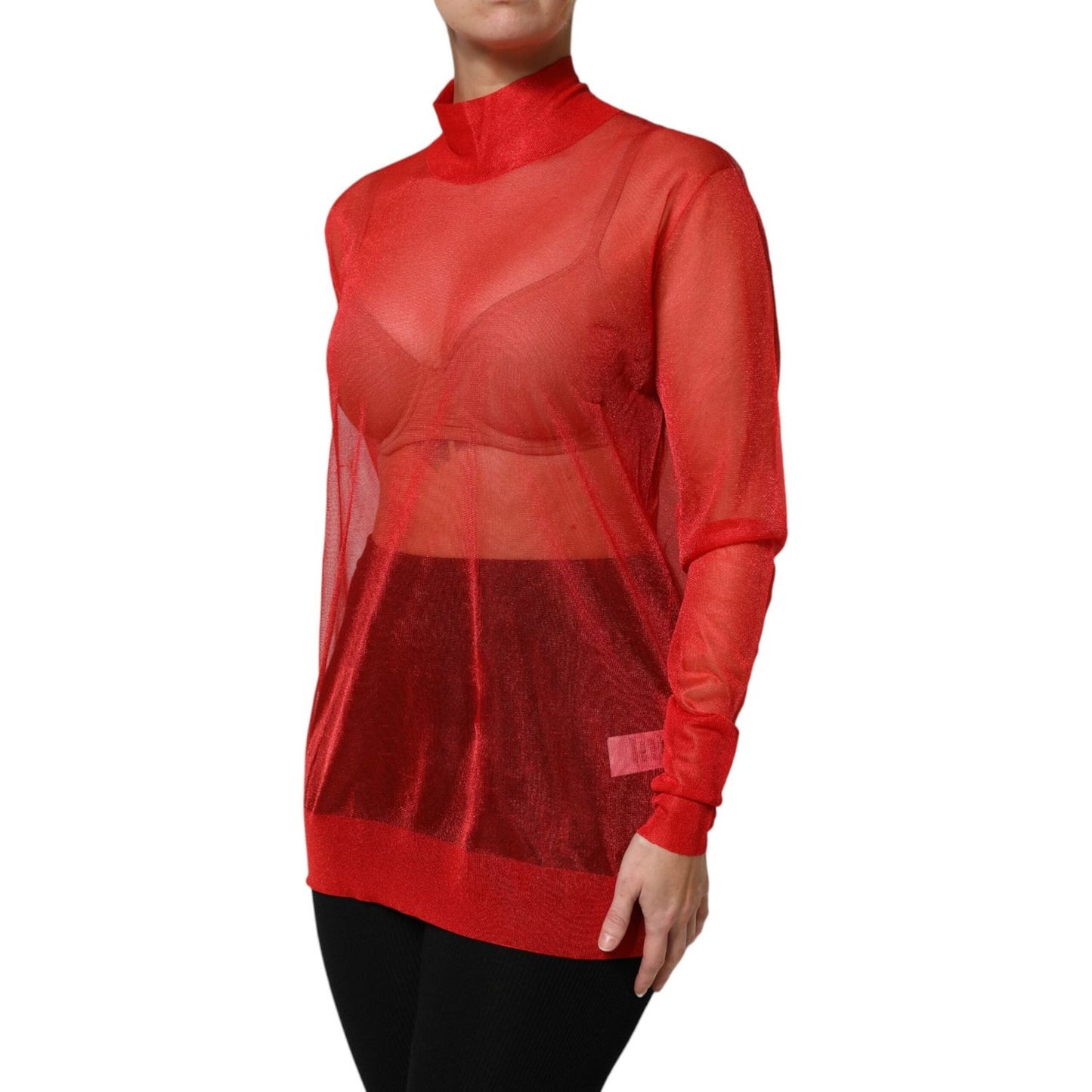 Dolce & Gabbana Red Tulle Turtleneck Long Sleeve Blouse Top TSH87601-44