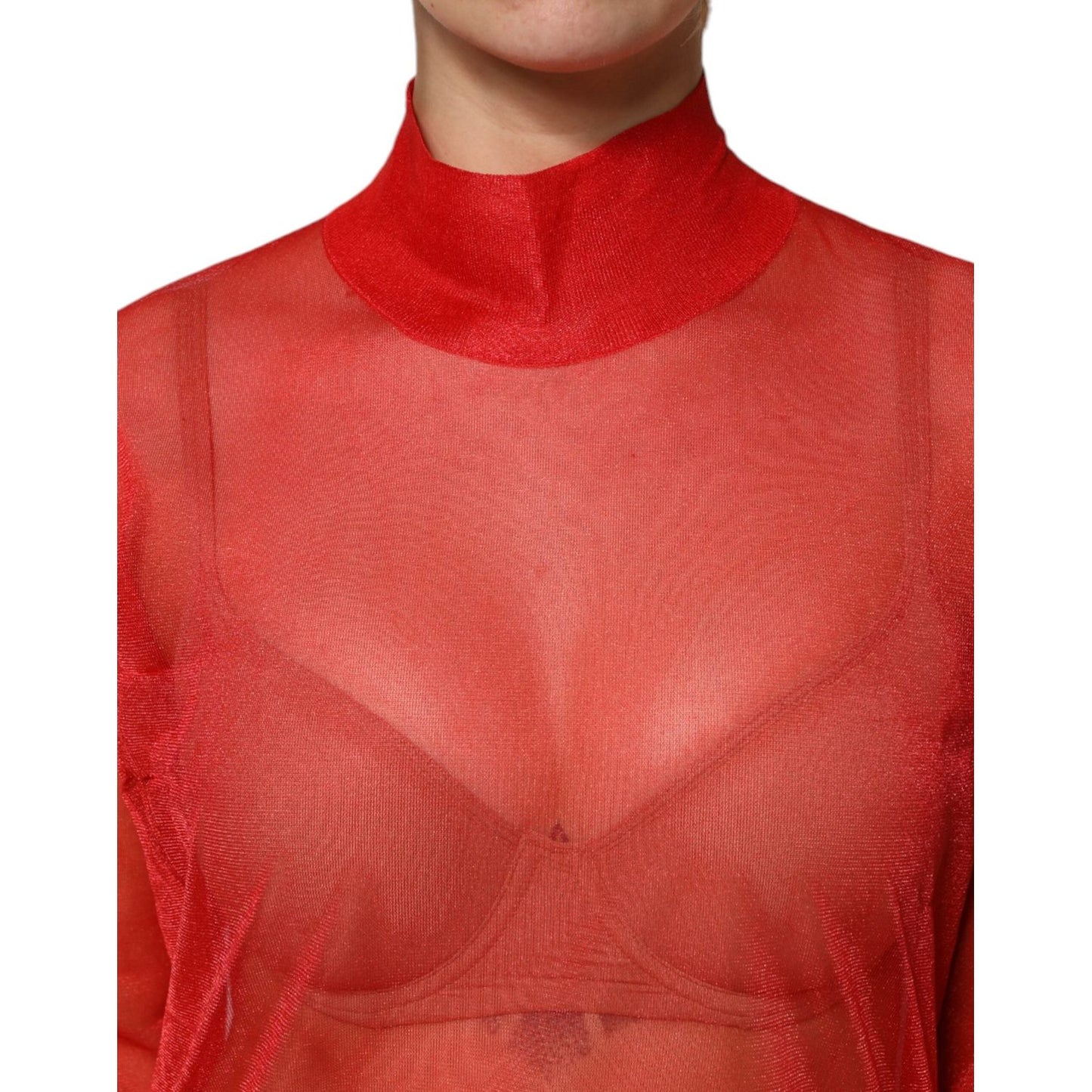 Dolce & Gabbana Red Tulle Turtleneck Long Sleeve Blouse Top TSH87601-44