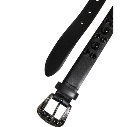 Dolce & Gabbana Black Studded Leather Metal Logo Buckle Belt