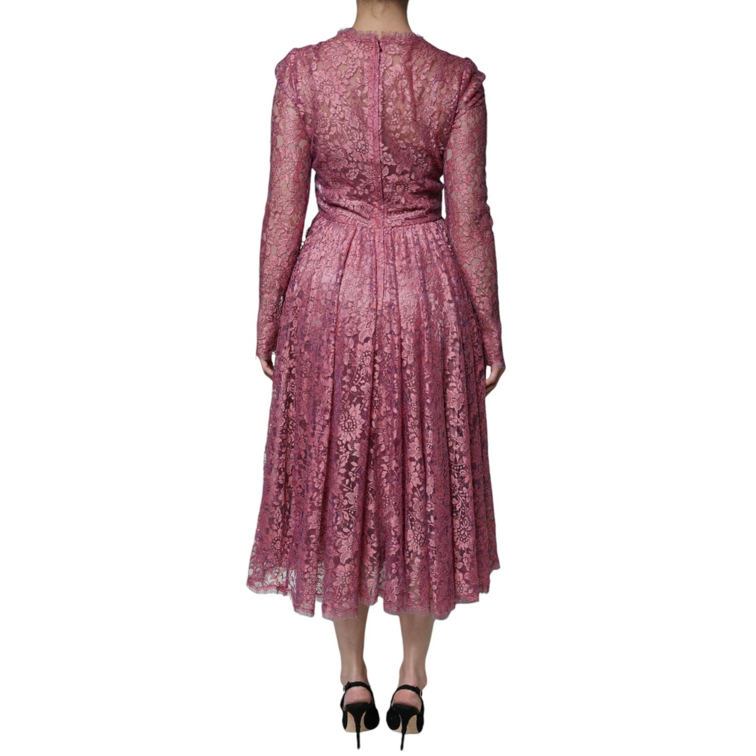 Dolce & Gabbana Pink Floral Lace Long Sleeve Midi Dress