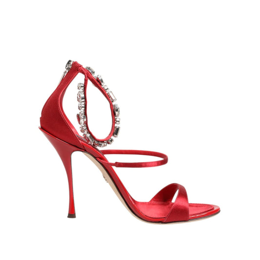 Dolce & Gabbana Red Satin Crystals Keira Sandals Heel Shoes