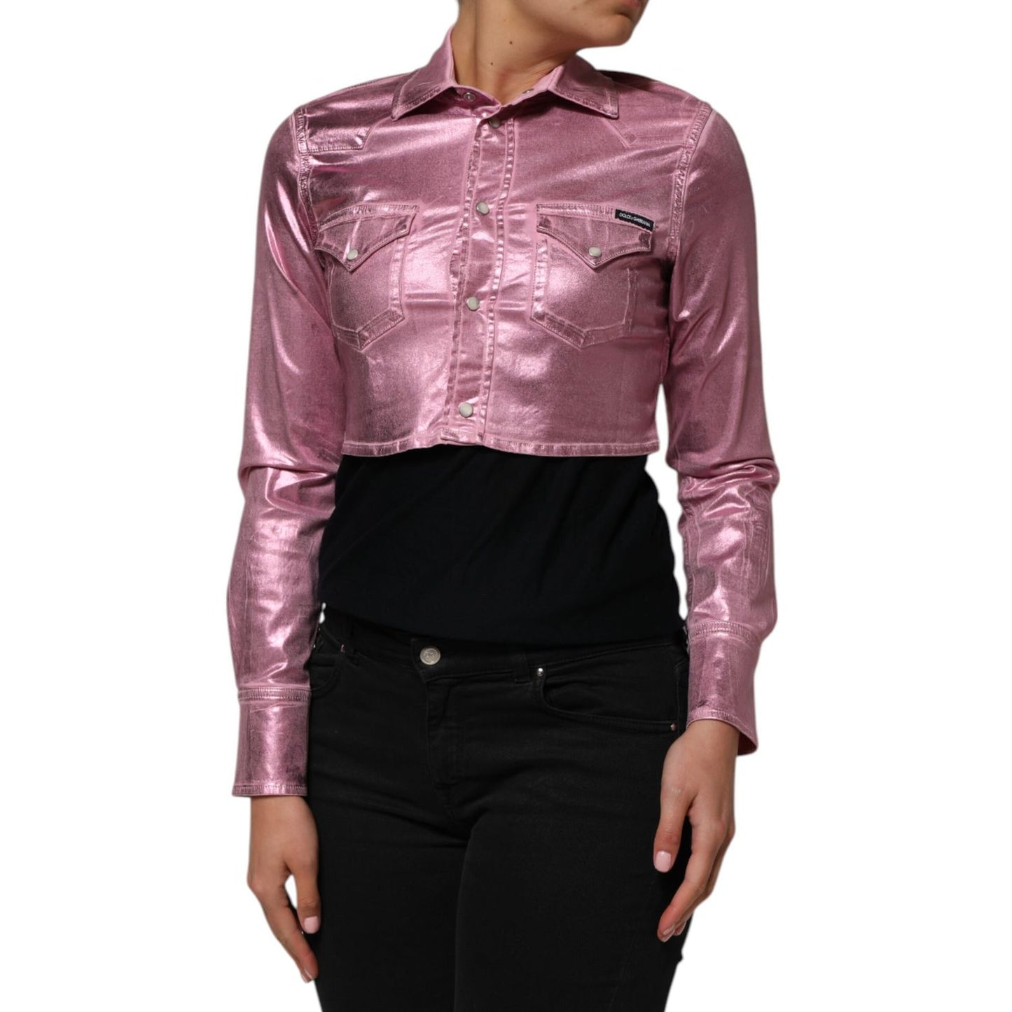 Dolce & Gabbana Pink Cotton Stretch Collared Cropped Jacket