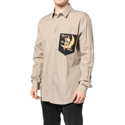 Dolce & Gabbana Beige Pin Up Print MARTINI Men Casual Shirt