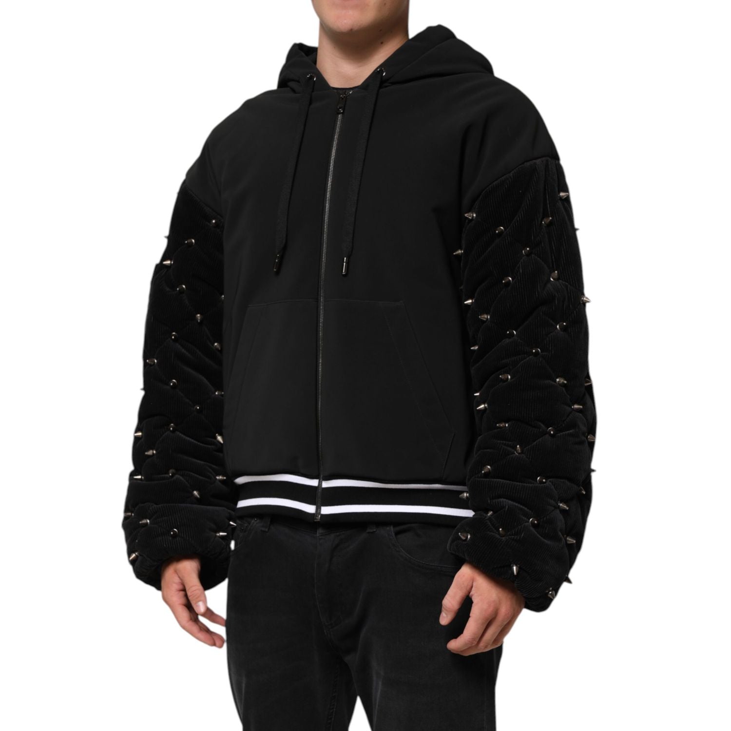 Dolce & Gabbana Black Cotton Quilted Studded Sleeve Hoodie Jacket
