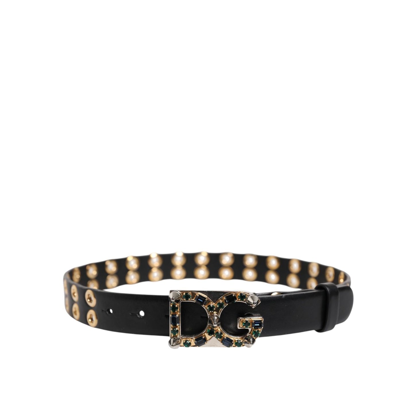 Dolce & Gabbana Black Leather Eyelet Crystal DG Buckle Belt